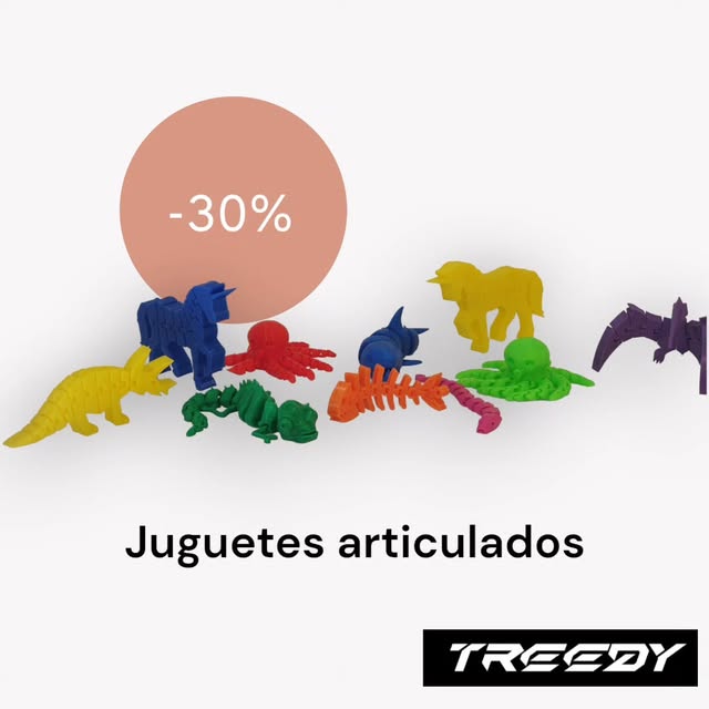 Juguetes articulados impresos en 3D de colores sobre fondo claro